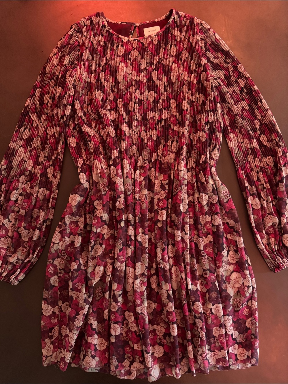 Wilfred Burgundy and Pink Floral Pleated Long-Sleeve Dress